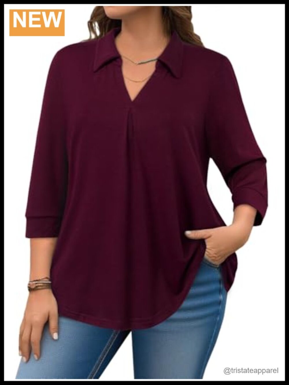Women Plus Size V Neck Blouse 3/4 Sleeve Collared Shirt Stretchy Lightweight